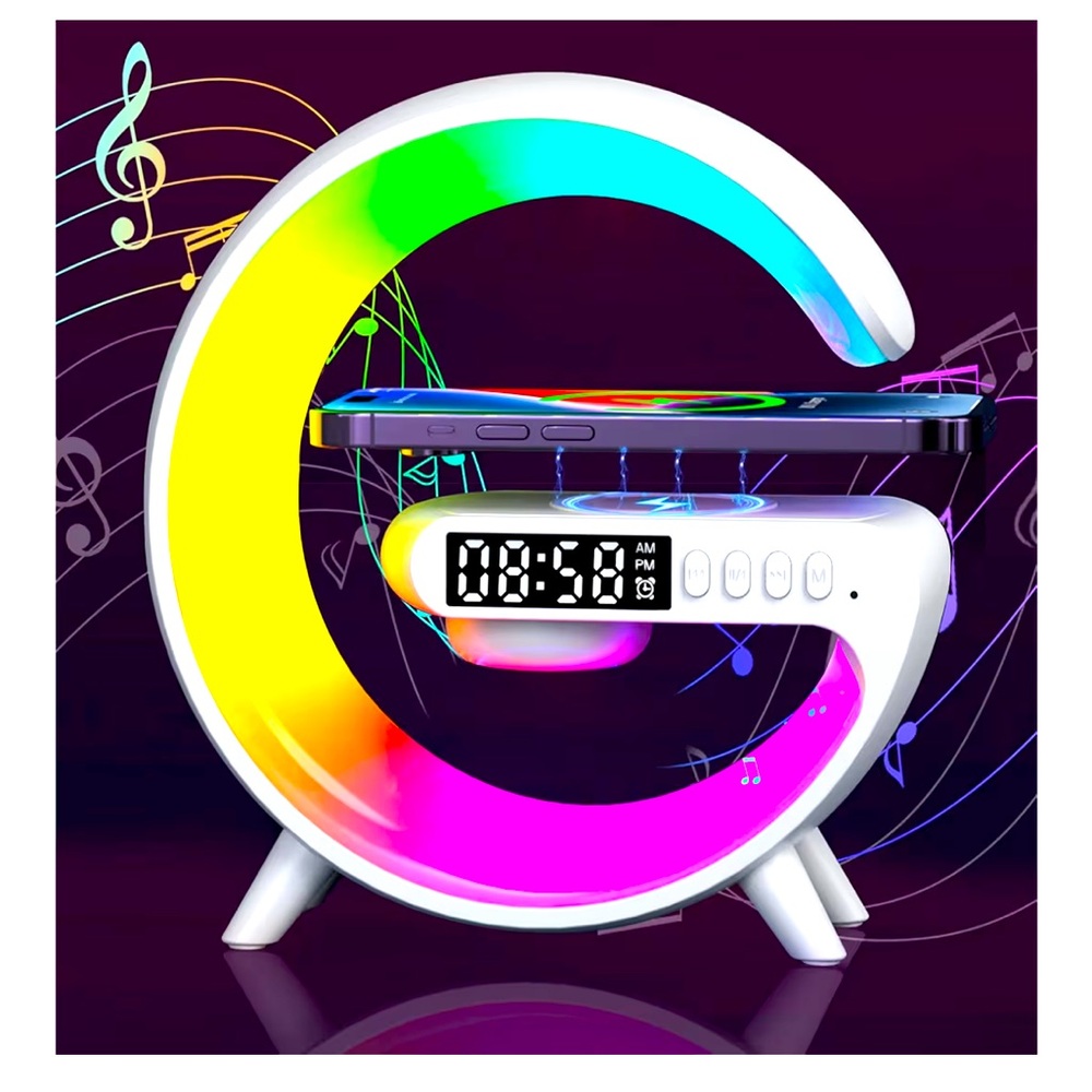 NIB Alarm clock, Wireless Speaker, phone Charger Light,LED Bedside Lamp 4-in-1